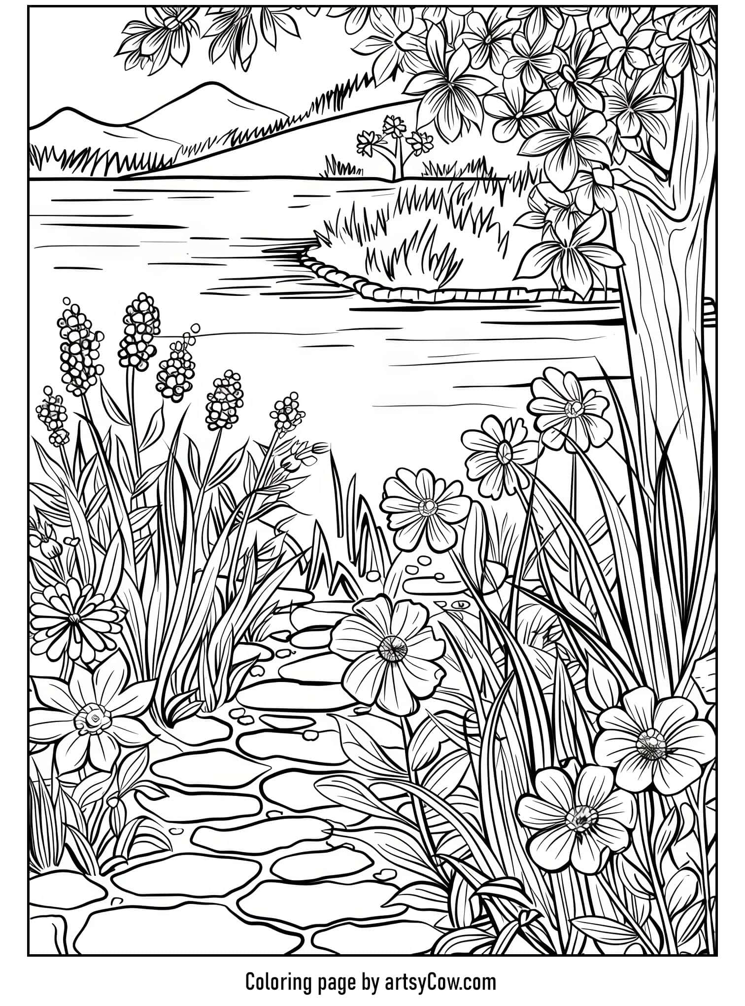 a serene garden stream lined with assorted flowers and lily pads under a distant mountain